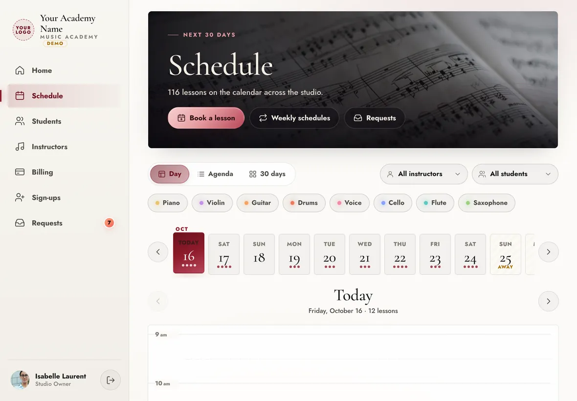 The schedule on an iPad, in the Ivory & Ink design