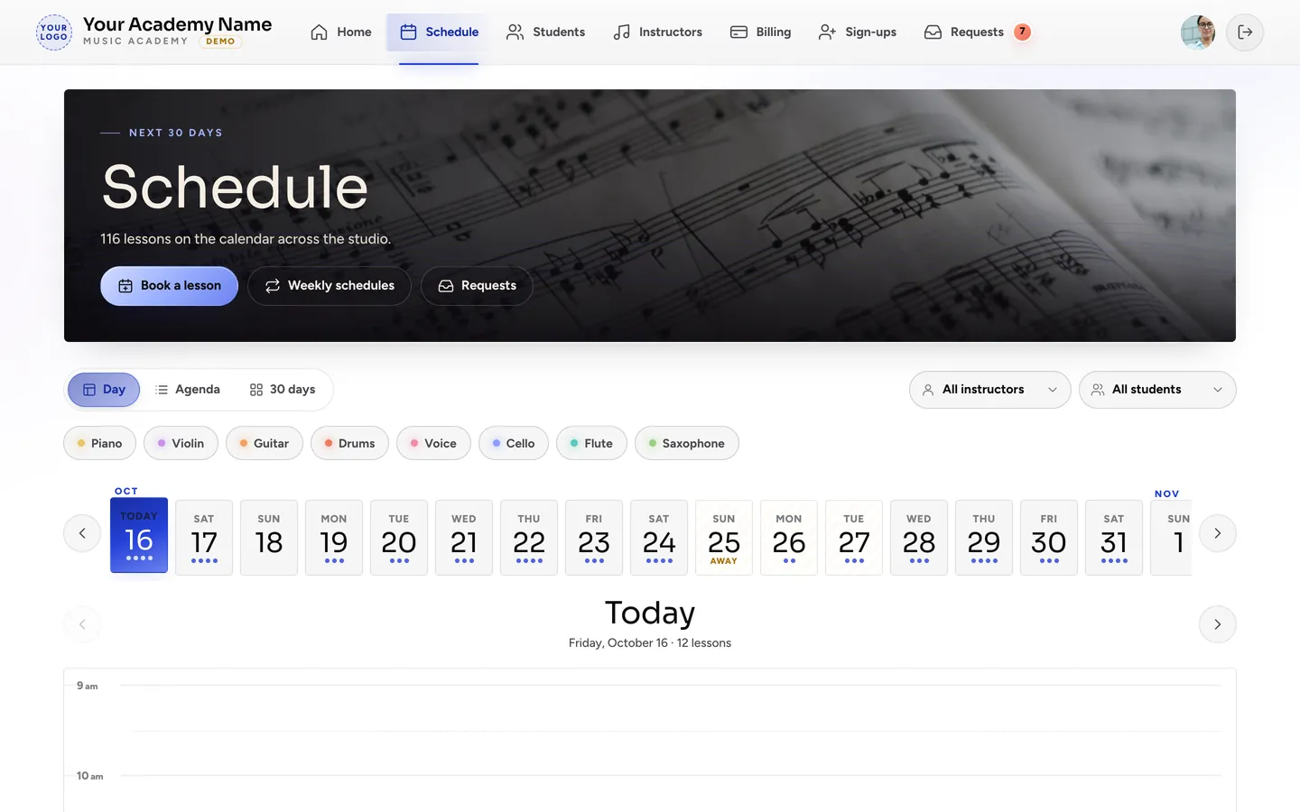 The schedule in the Modern Mono design with the top-bar layout