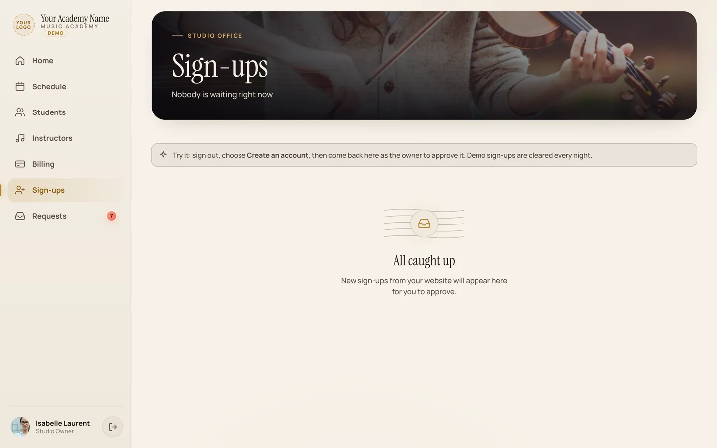 The sign-ups page, where the owner approves new accounts